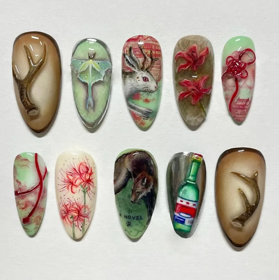 Floral Press-On Nails – Wine Red Almond, 24 Pcs