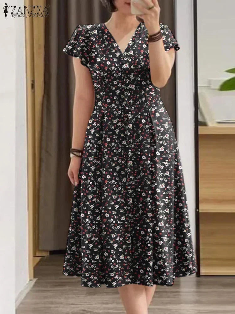 ZANZEA Printed V-Neck Midi Sundress