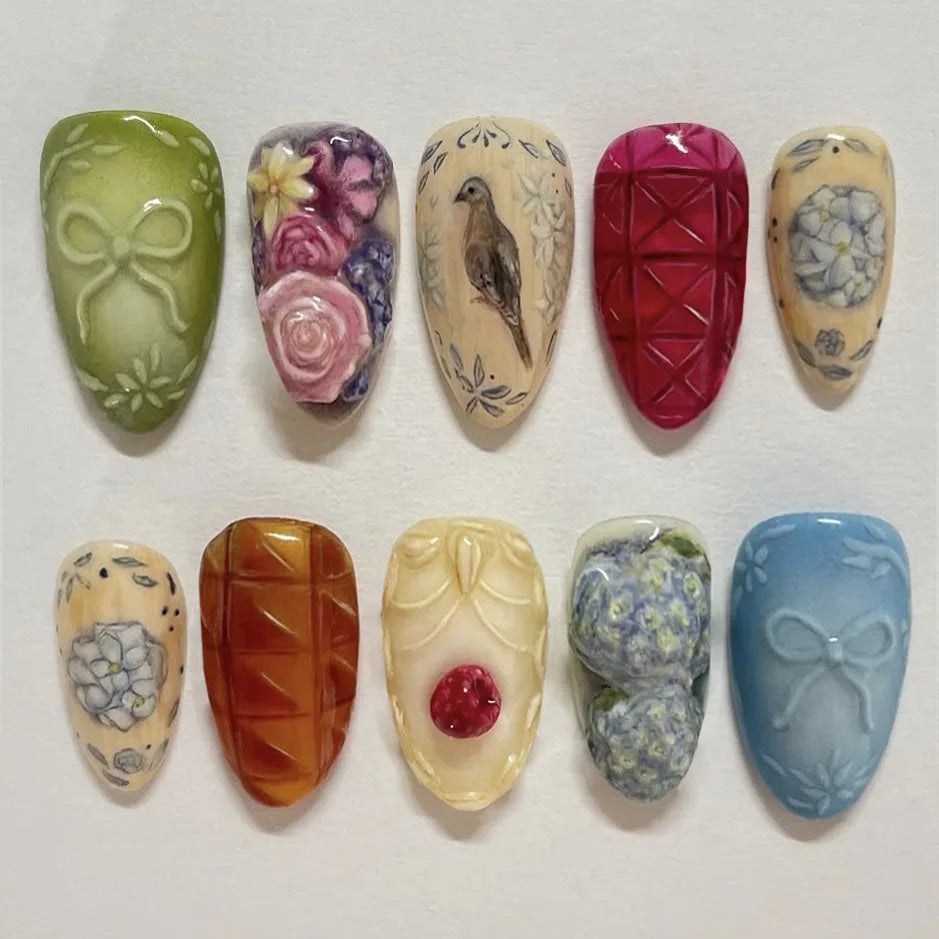 Floral Press-On Nails – Wine Red Almond, 24 Pcs