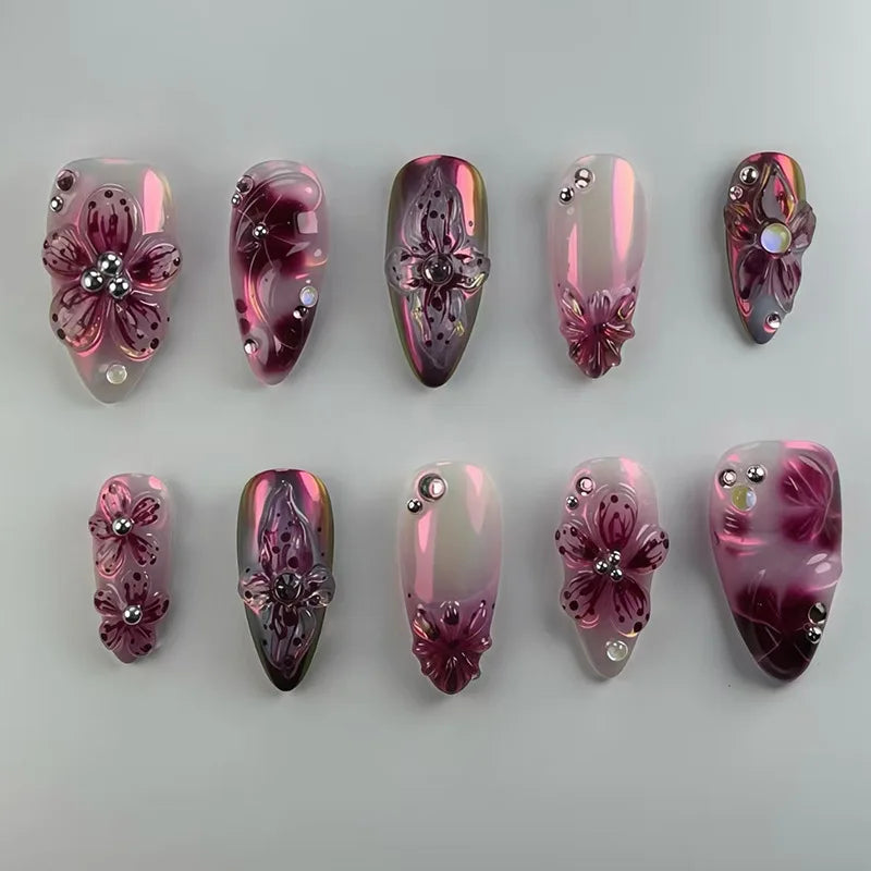 Floral Press-On Nails – Wine Red Almond, 24 Pcs