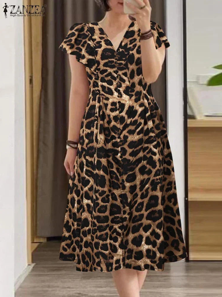 ZANZEA Printed V-Neck Midi Sundress