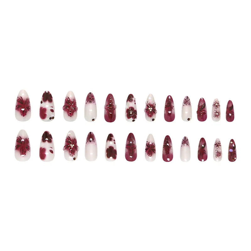 Floral Press-On Nails – Wine Red Almond, 24 Pcs