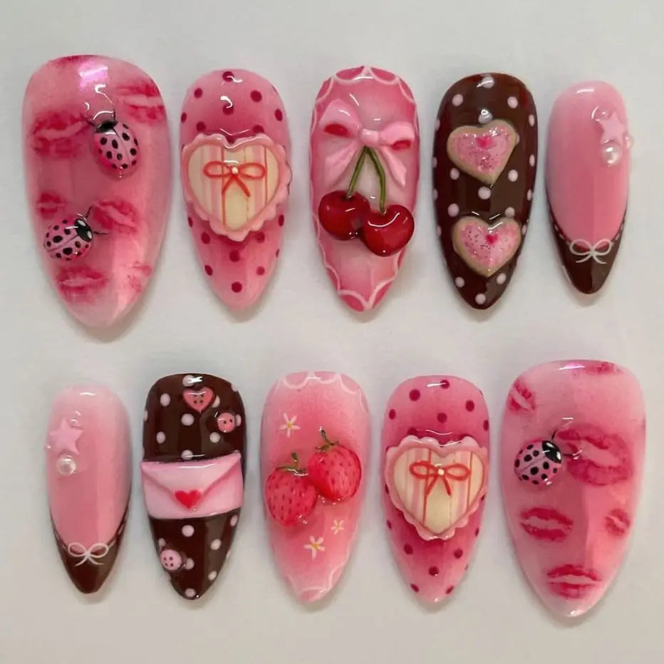 Floral Press-On Nails – Wine Red Almond, 24 Pcs
