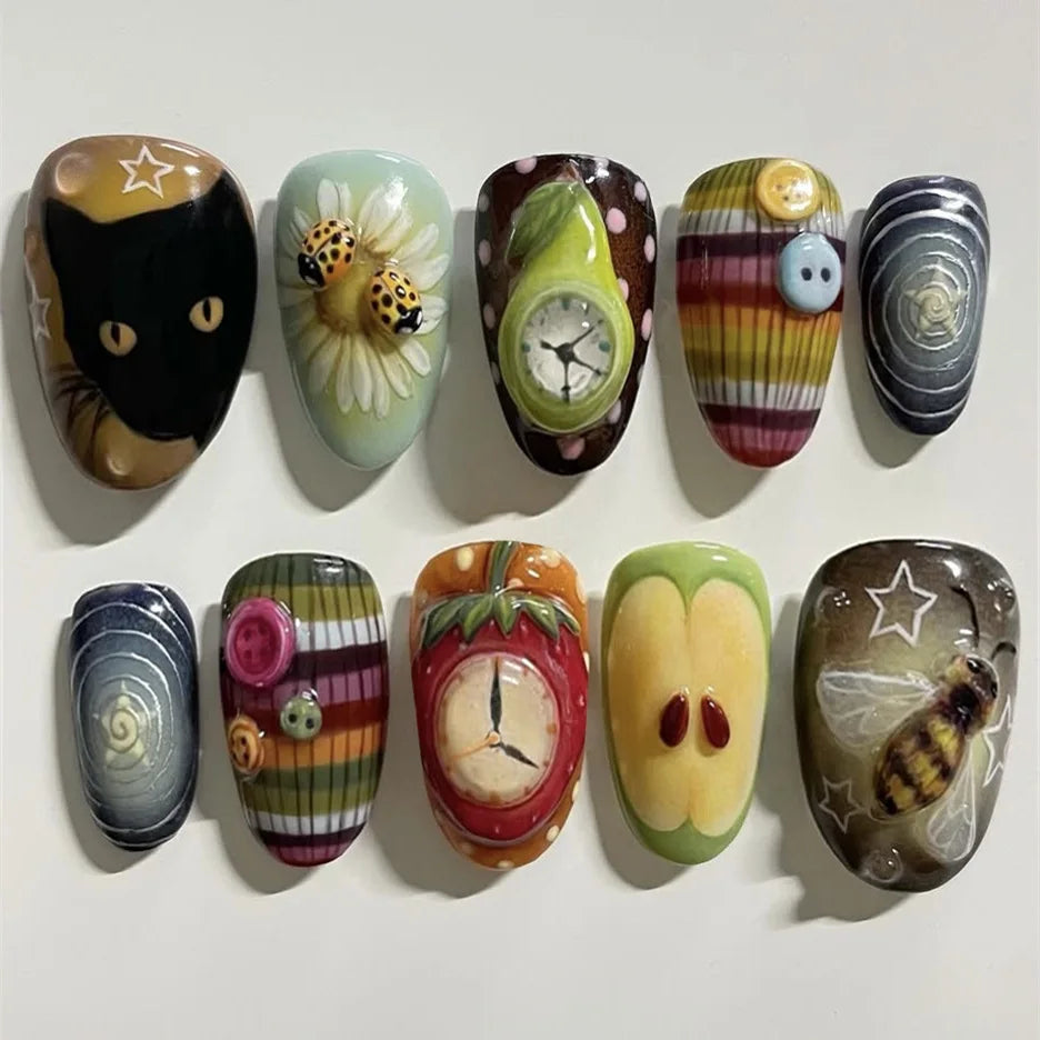 Floral Press-On Nails – Wine Red Almond, 24 Pcs