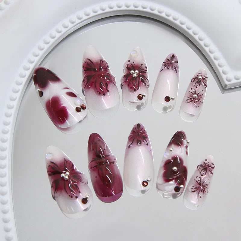 Floral Press-On Nails – Wine Red Almond, 24 Pcs