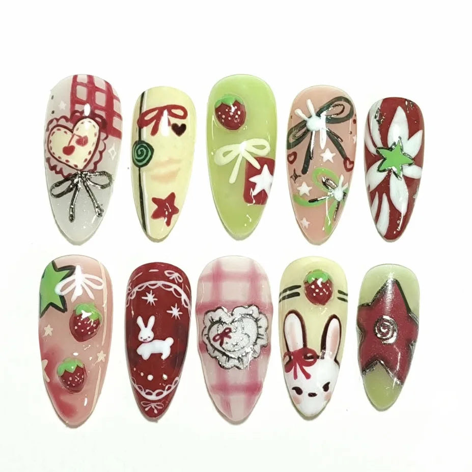 Floral Press-On Nails – Wine Red Almond, 24 Pcs