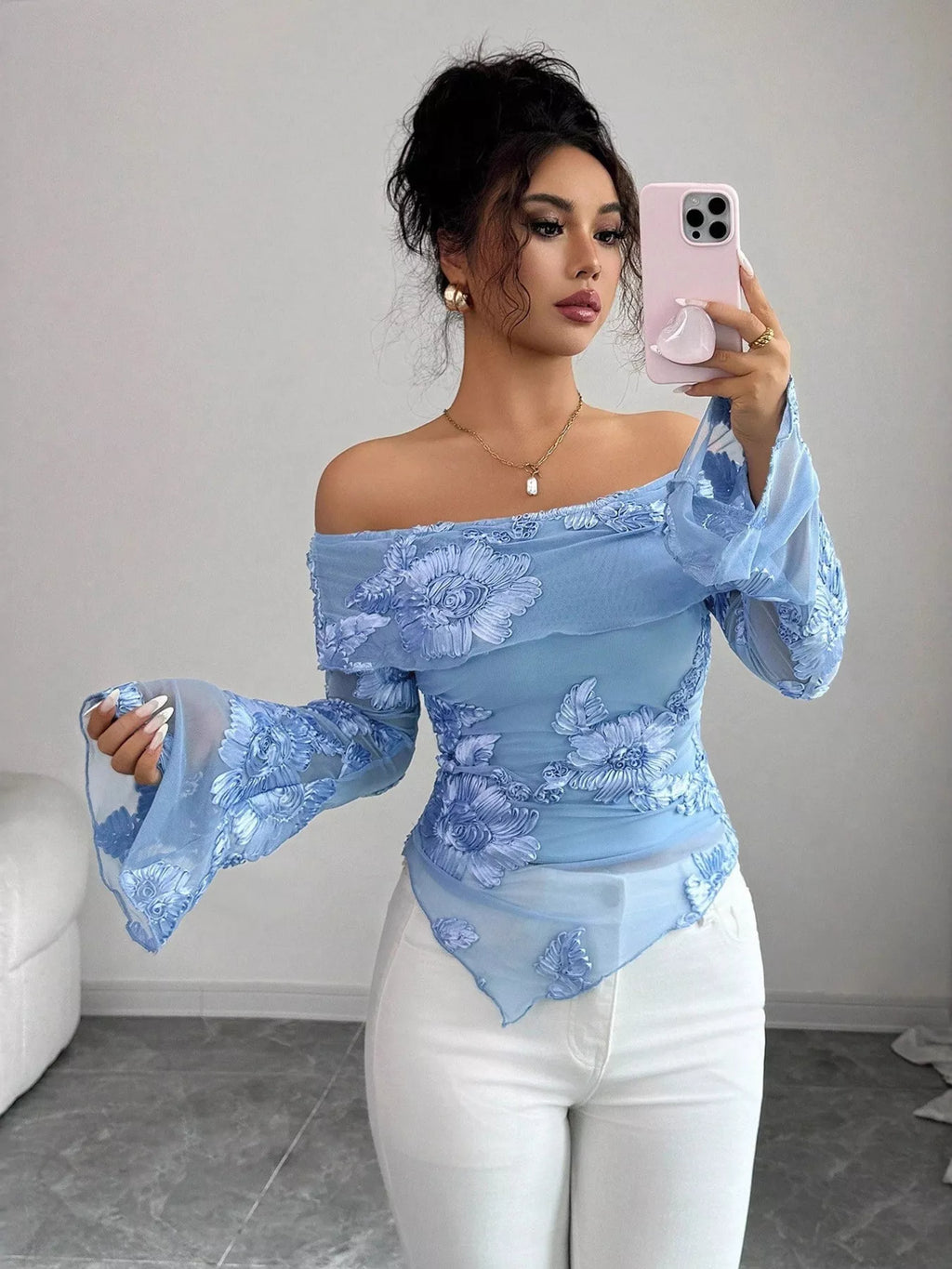Floral Off-Shoulder Mesh Blouse