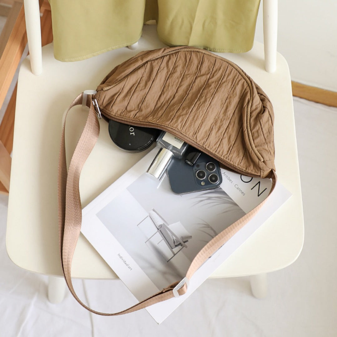 Pleated Striped Nylon Hobo Shoulder Bag