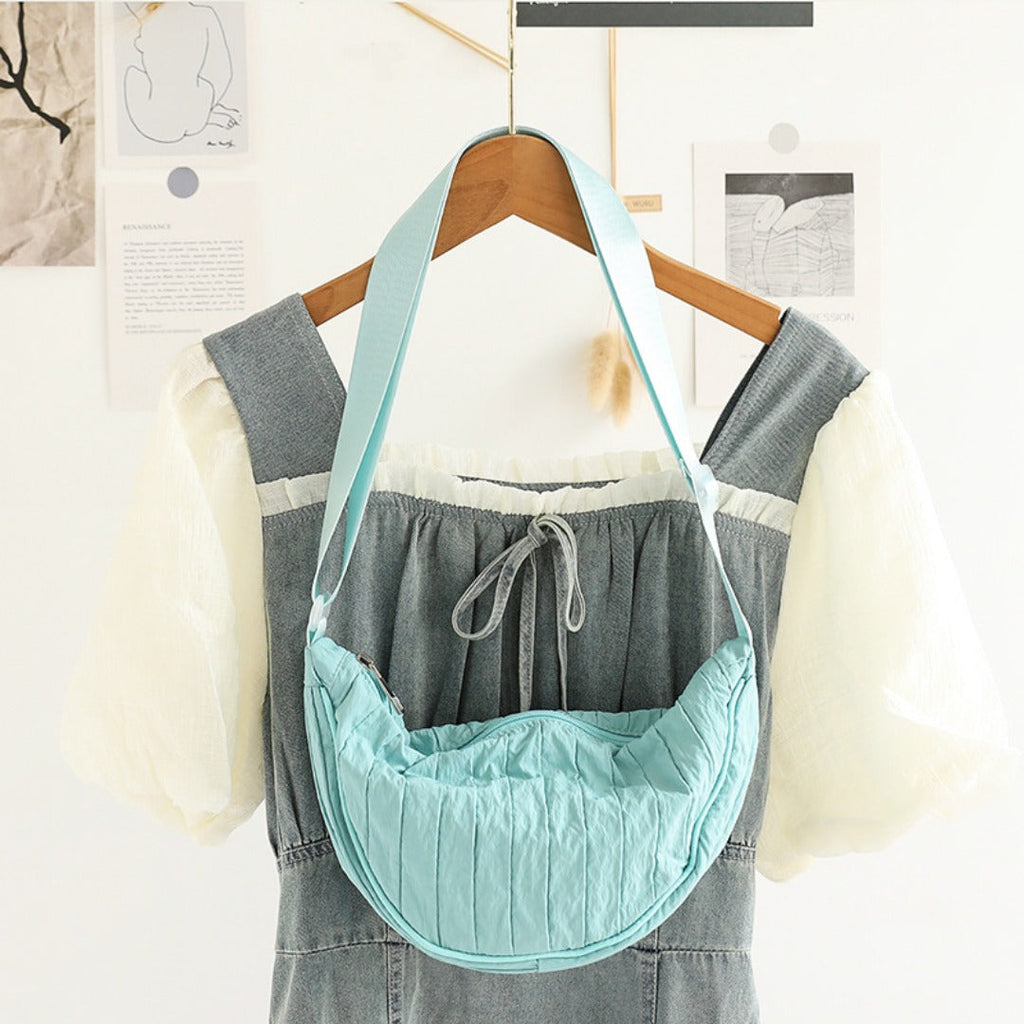 Pleated Striped Nylon Hobo Shoulder Bag
