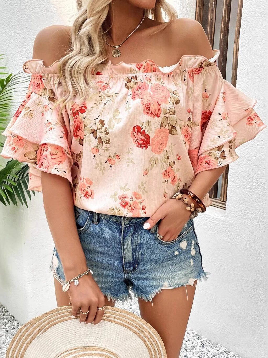 Floral Ruffle Off-Shoulder Blouse