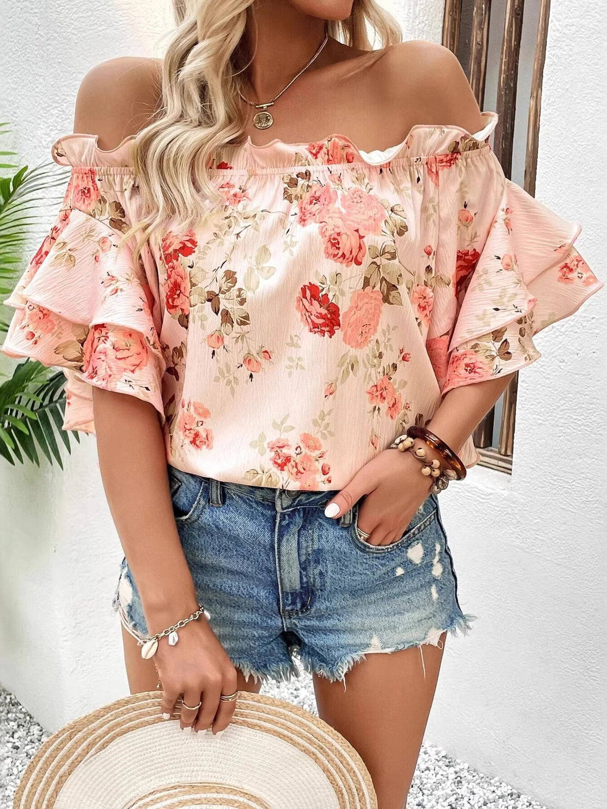 Floral Ruffle Off-Shoulder Blouse