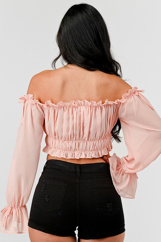 Off Shoulder Ruffle Trim Knot Sleeve Crop Top